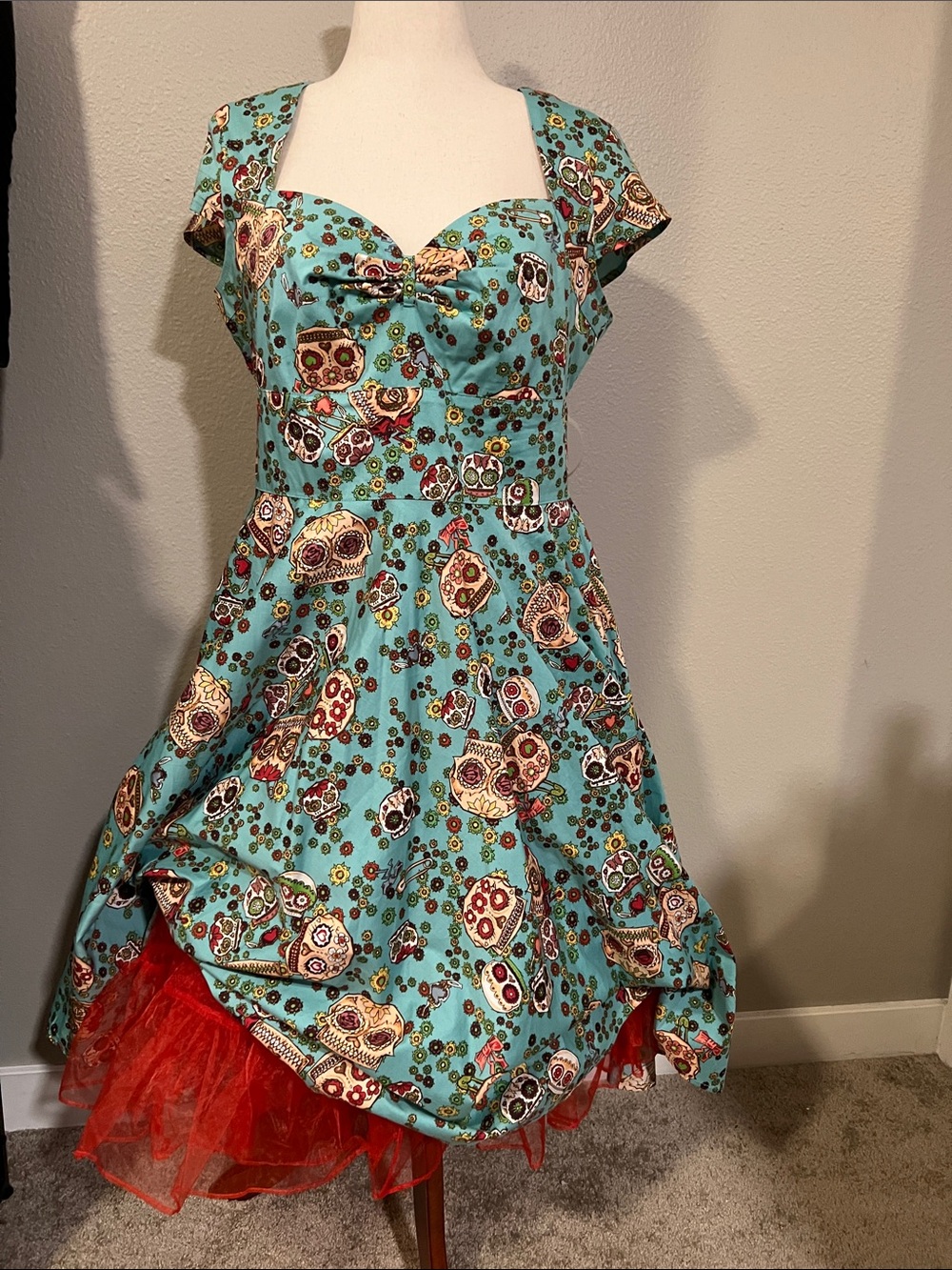 Hell Bunny Turquoise Floral & Skull Print Fit-and-Flare Dress,